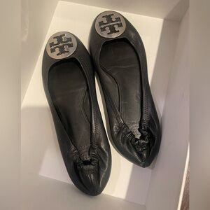 Tory Burch Black Leather Loafers with Silver Logo